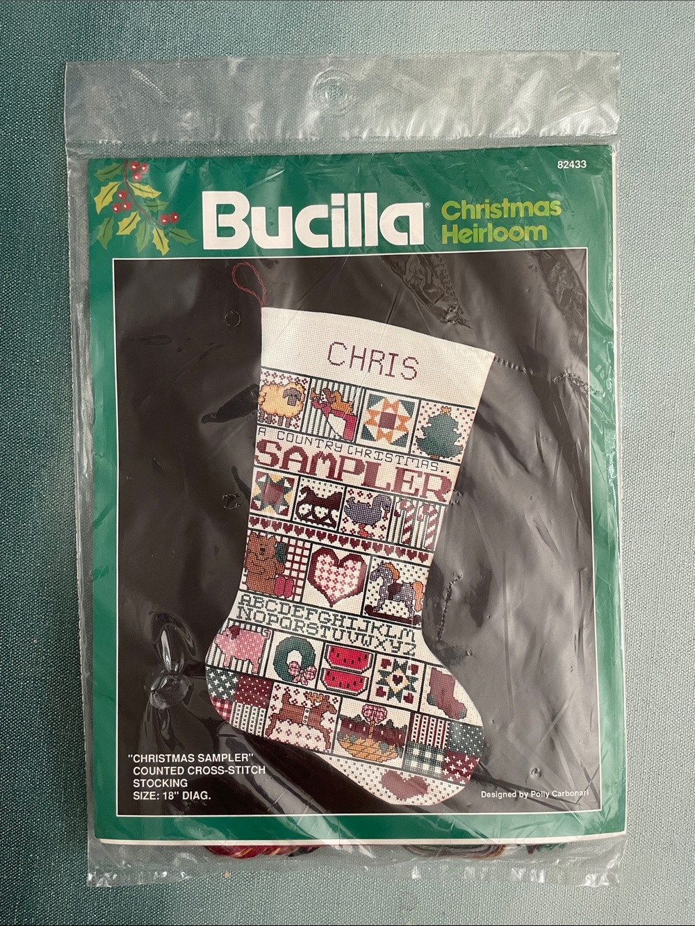 Vintage Bucilla Christmas Sampler Counted Cross Stitch Stocking 18”